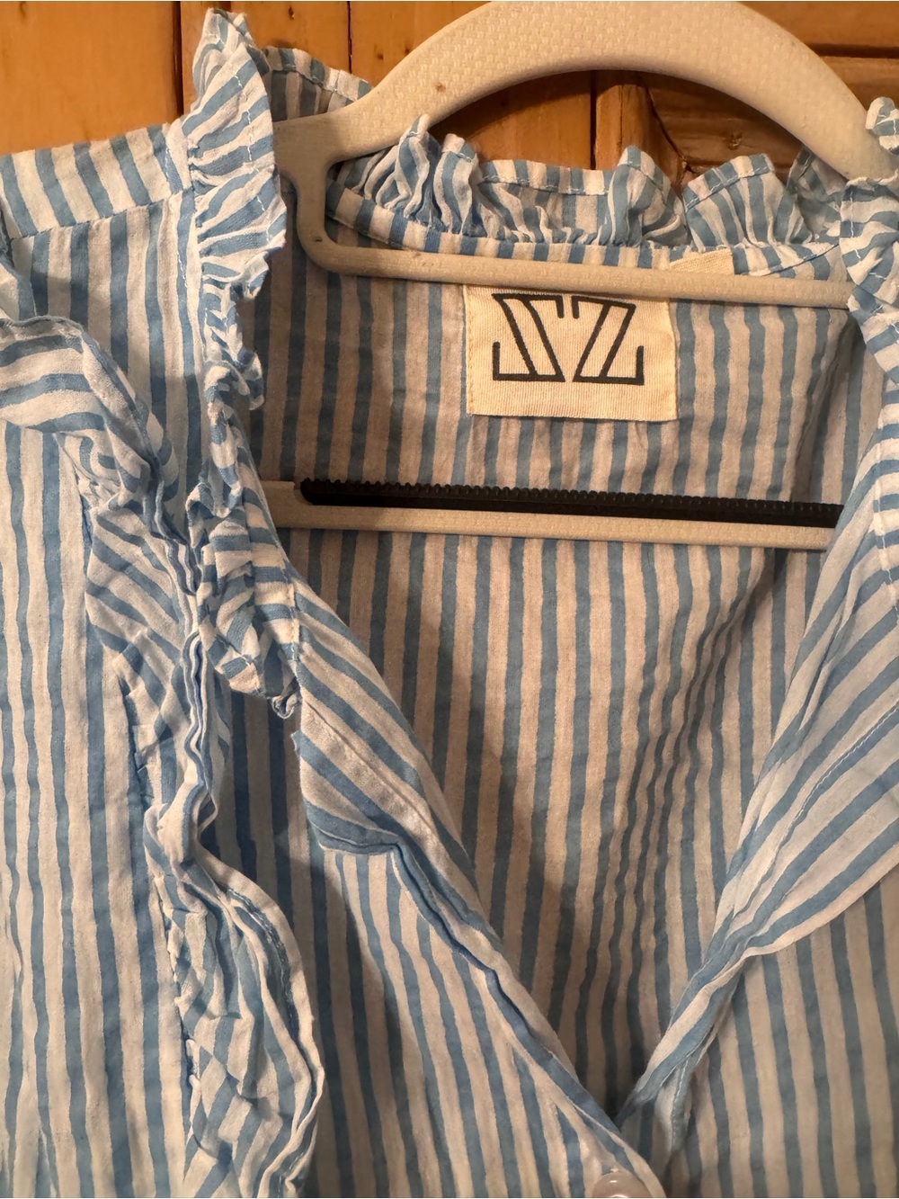 Striped Ruffle-Trim Button Down Shirt in Light Blue - Picture 2 of 3